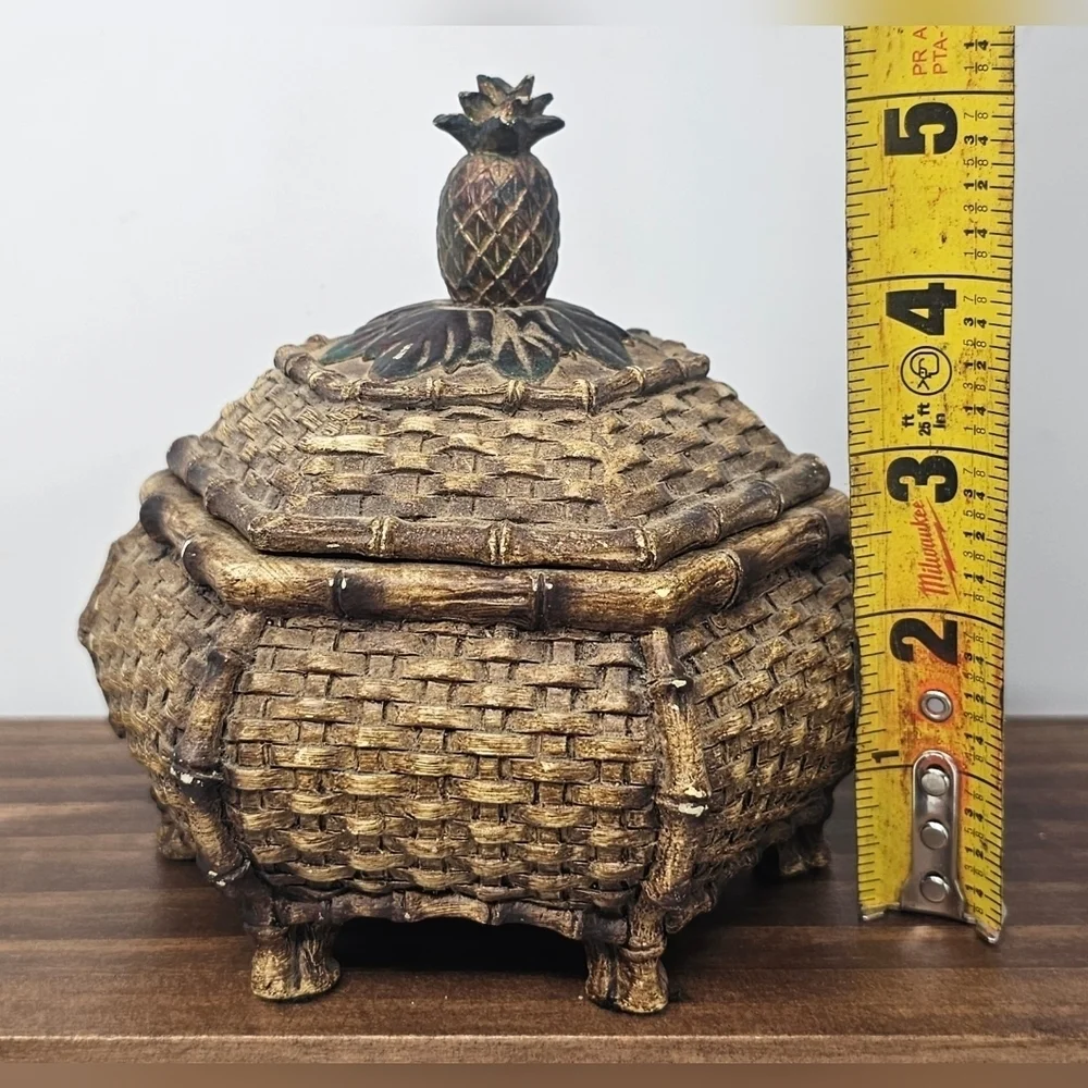 Unique Vintage Trinket Jewelry Box Chinese Style Woven Pineapple Lid Footed